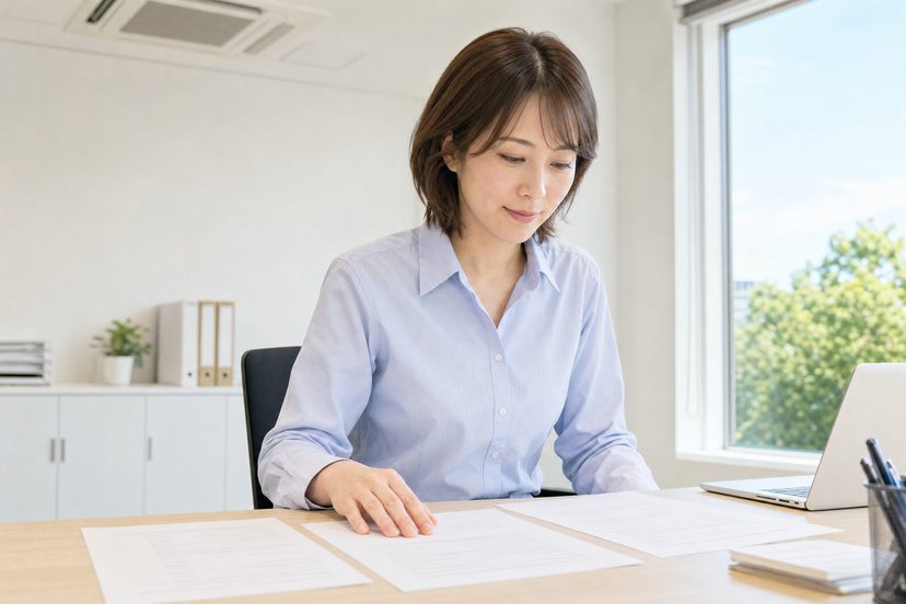 窓から光の入る事務所の机で、3通の見積書を並べて見比べている担当者（イメージ写真）