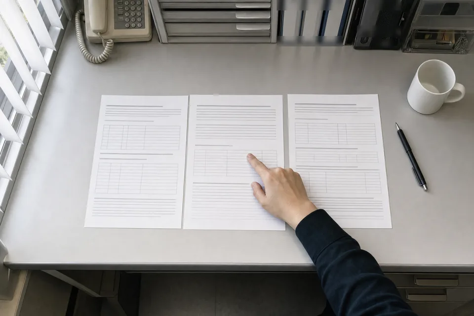 机に並べた3通の見積書を、指で1行を押さえながら見比べているところ（イメージ写真）