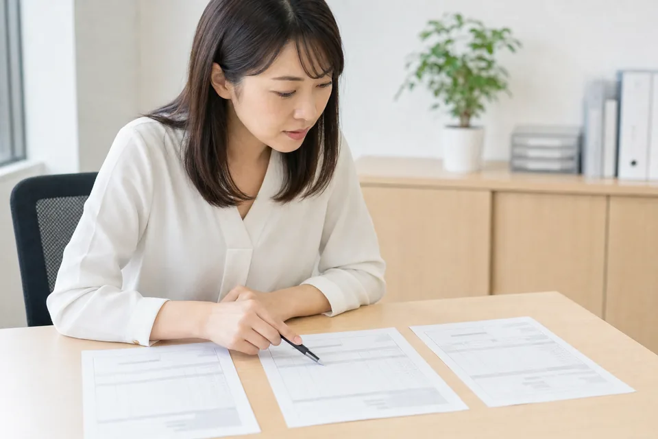 事務所の机に3通の見積書を並べ、ペンで1行ずつ見比べている担当者（イメージ写真）