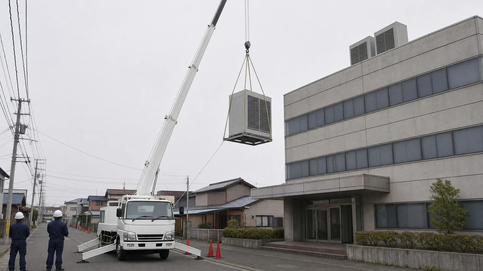 ビルの屋上へ室外機をクレーンで吊り上げている現場（イメージ写真）