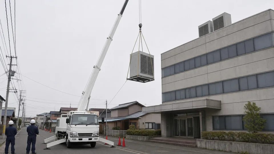 ビルの屋上へ機材をクレーンで吊り上げている現場（イメージ写真）