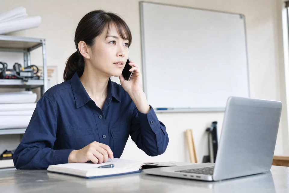工事会社の事務所で、届いた依頼を手元のノートで確かめながら電話をかけている担当者（イメージ写真）